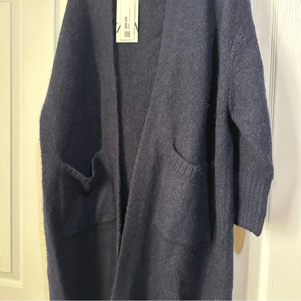 New Zara $69 Wool Blend Navy Blue Long Cardigan with Pockets Medium Large - Picture 11 of 13